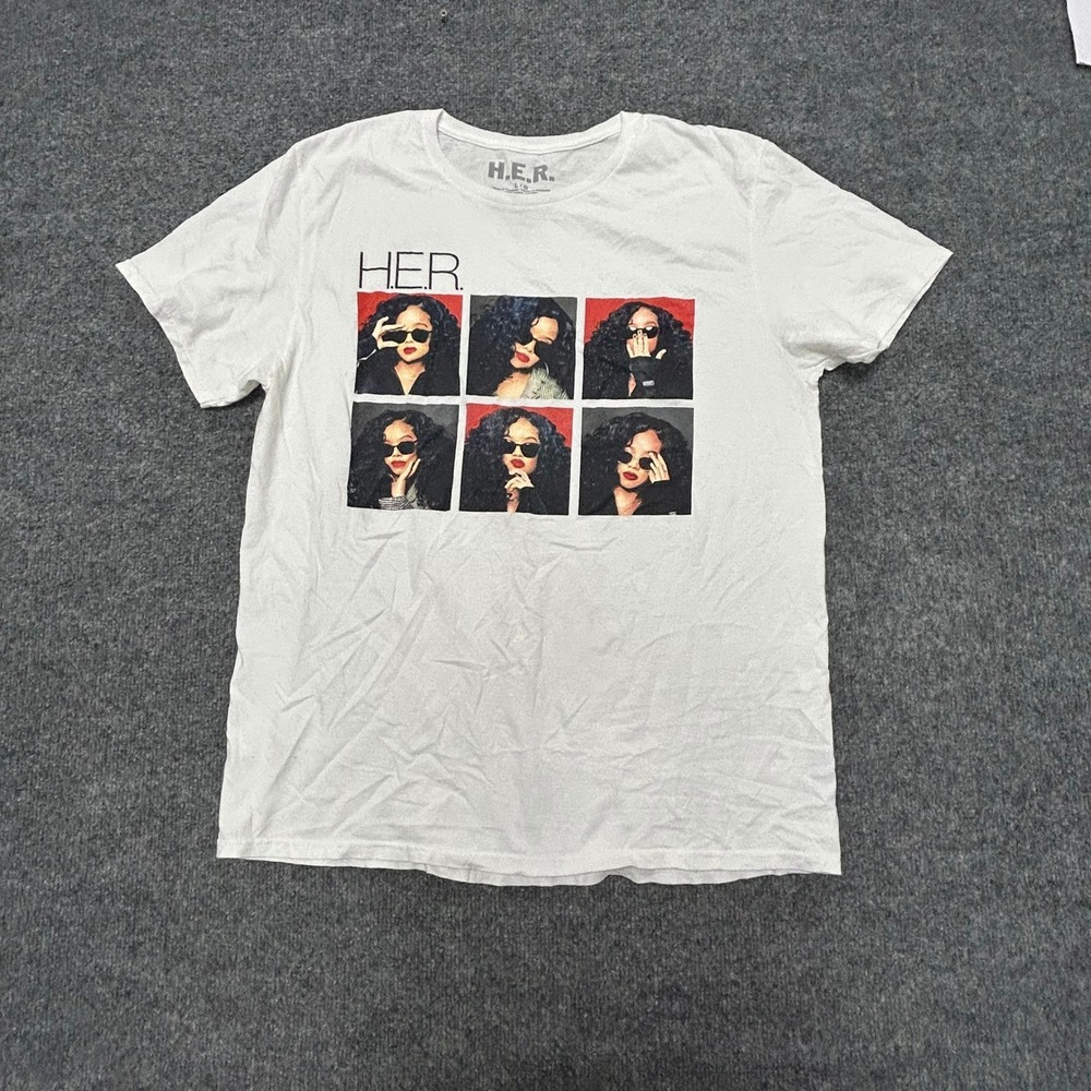H.E.R. T-Shirt Womens Size L White Graphic Multi Portrait Cotton Short Sleeve